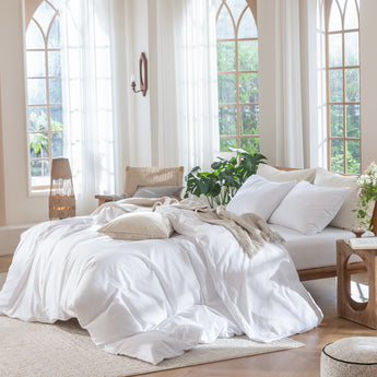MooMee 100% Washed Cotton Duvet Cover Set Linen Like Textured Breathable 3 Piece