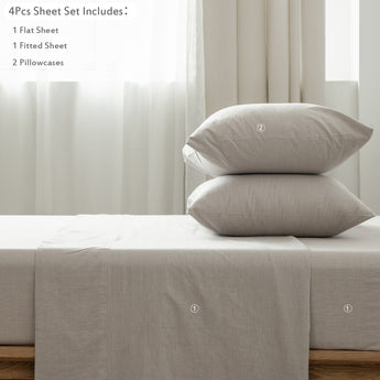 MooMee Sheet Set 100% Washed Cotton Linen Like Textured Breathable 4 Piece