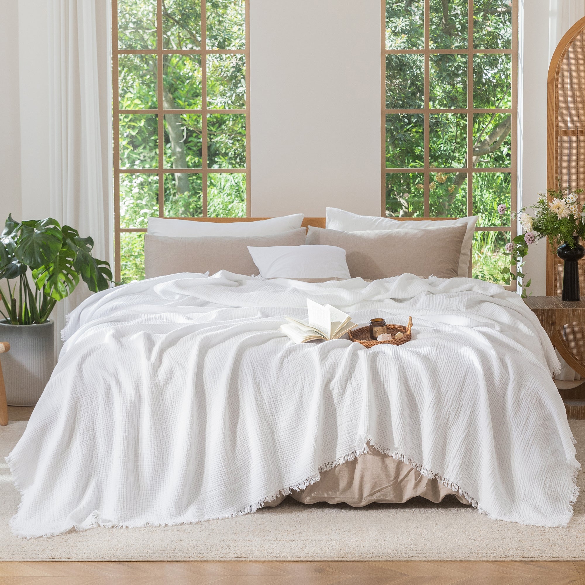 Muslin Textured Blanket Cozy Light Tan EMME Muslin Cotton Throw