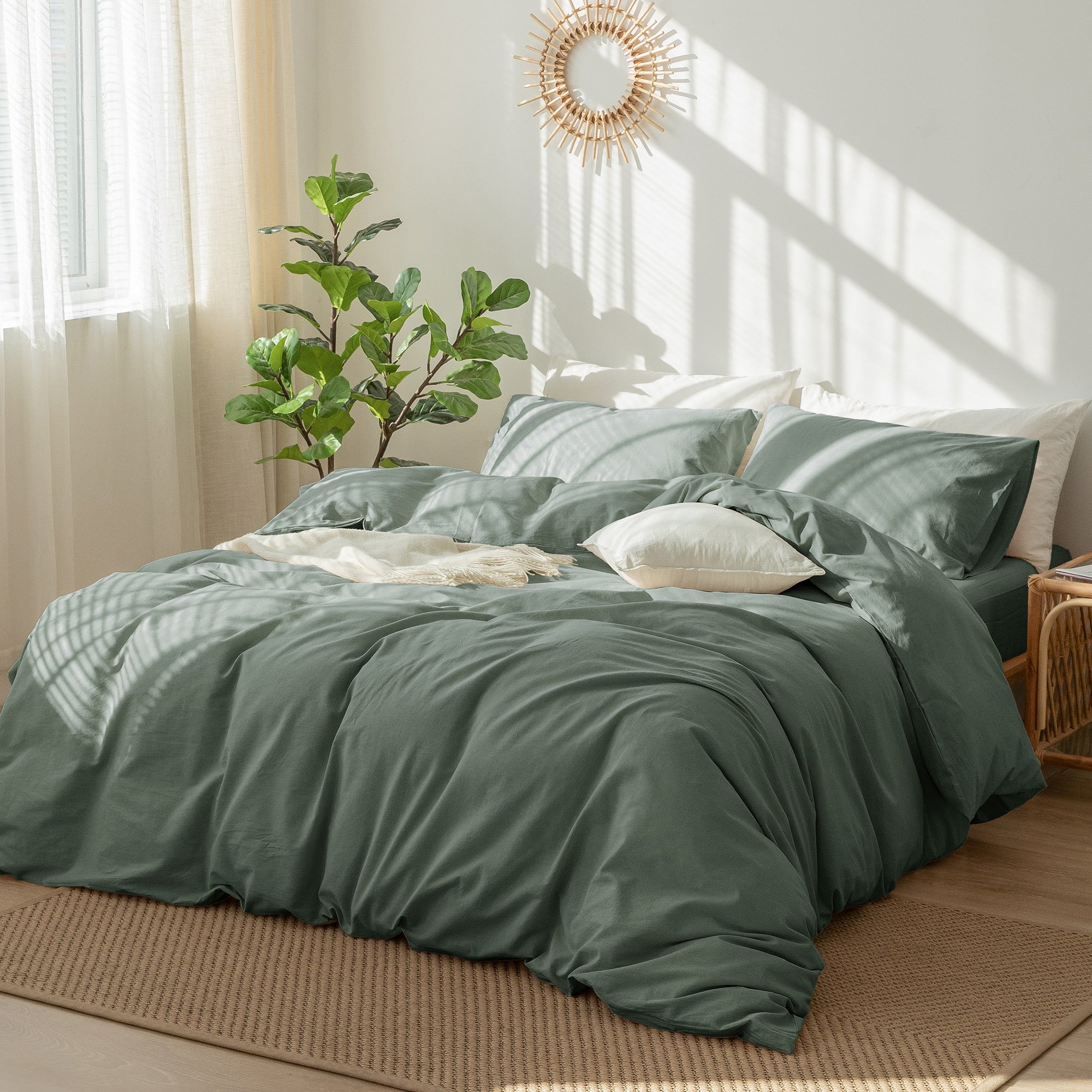 MooMee 100% Washed Cotton Duvet Cover Set Linen Like Textured Breathable 3 Piece - MooMee