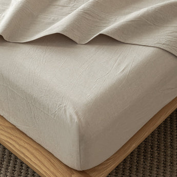 MooMee 100% Washed Cotton Fitted Sheet Extra Deep Pocket Linen Like Textured Breathable - MooMee