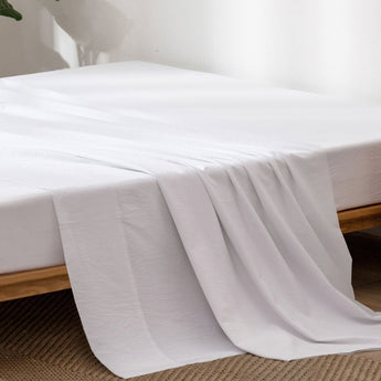 MooMee 100% Washed Cotton Flat Sheet Linen Like Textured Breathable Durable Soft Comfy - MooMee