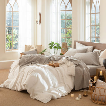 MooMee 100% Washed Cotton Sheet Set Linen Like Textured Breathable 4 Piece - MooMee