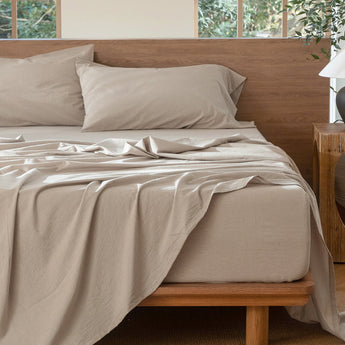 MooMee 100% Washed Cotton Sheet Set Linen Like Textured Breathable 4 Piece - MooMee