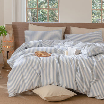 MooMee 100% Washed Cotton Striped Duvet Cover Set Linen Like Textured Breathable 3pcs - MooMee